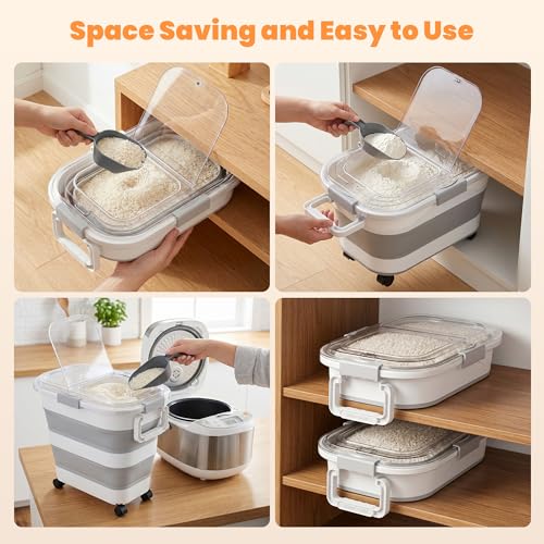 30 Lbs Rice Container, Collapsible Dog Food Storage Container | Airtight Cat Food Container with Wheels, Transparent Lid, Measuring Cup, Scoop and Handle, BPA Free for Pet Food, Bird Seed - size: 30lbs