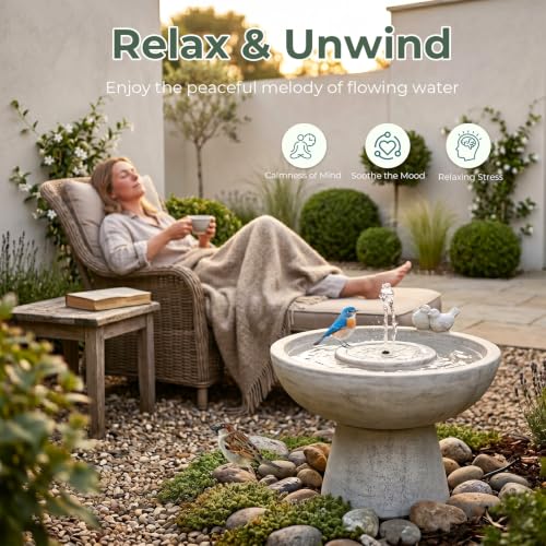 Bird Bath with Bubbler Spray Fountain 13" Height Freestanding Resin Birdbath Water Fountain Plug-in Powered Outdoor Water Feature Bird Playing Bowl for Garden, Patio, Yard, Balconies and Lawns