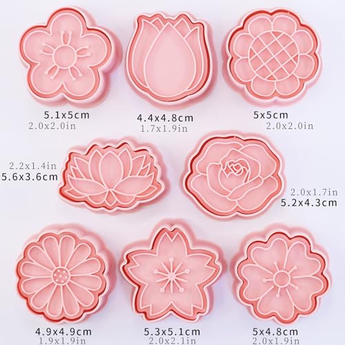 Flower Cookie Cutters 8Pcs Rose Tulip Lotus Biscuit Molds for Floral Baking | 3D Embossing Rose Cherry Blossom Daisy Molds for Wedding, Spring Party Homemade Pastries - color: Flowers