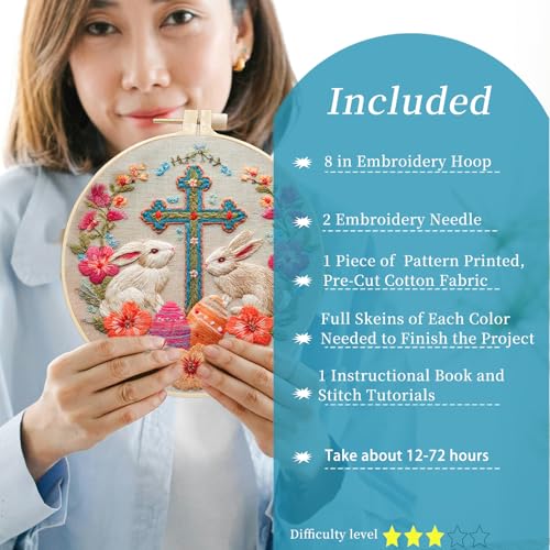 FONNUY Easter Rabbit Floral Cross Embroidery Kit, Easter Egg Happy Rabbits Bunny Stamped Pattern Kits for Audlt Beginners, Hand Works Crafts, 8 x 8'' (Happy Bunny 01) - color: Happy Bunny 01