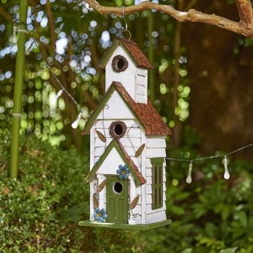 Glitzhome Hanging Birdhouse for Outdoors, 20" H Distressed Cottage Painted Wooden Bird House 3-Story Villa Rustic Large Bird House for Bluebird Wren Chickadee Sparrow Bird - color: White and Green