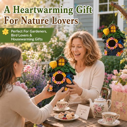 Bird Houses for Outside, Resin Hanging Birdhouse for Outdoors, Hand-Painted Waterproof Wild Bird Nesting Box for Wren Finch Chickadee, Garden Patio Yard Decorative