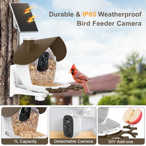 Smart Bird Feeder with Camera Solar Powered 2K HD Live Video with 32GB Card | AI Identifies 10,000+ Bird Species, Instant Alerts, IP65 Waterproof, Easy Setup, Bird Watching Gift for Bird Lovers - color: Brown