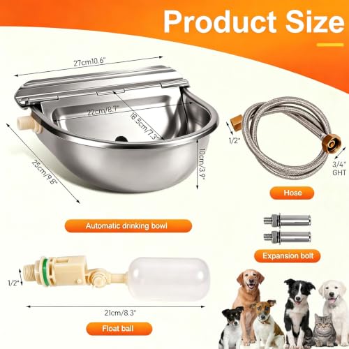 Automatic Dog Water Bowl Dispenser 304 Stainless Steel Dog Waterer | Wall Mounted, Metal Outdoor Heavy Duty Auto Self Filling Animal Water Feeder for Dogs Cats, with Float Valve and Drain Plug