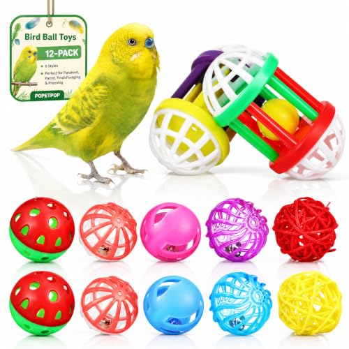 POPETPOP Bird Ball Toy - 12Pcs Plastic Pet Toy for Parakeet, Parrot, Finch Foraging & Preening - Colorful Training Bell Balls