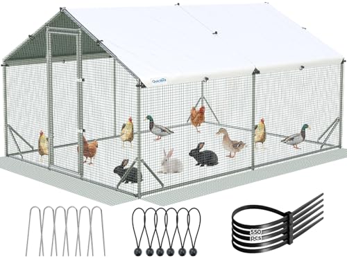 Quictent Large Metal Chicken Coop Run for 20+ Poultry w/Side Hardware Cloth | Waterproof Cover, Advanced Series Outdoor Walk-in Cage Hen Duck Rabbit Dog Pen Yard Farm House, 12x9x6.6FT - color: White, size: 142.4"L x 107.3"W x 78.0"H
