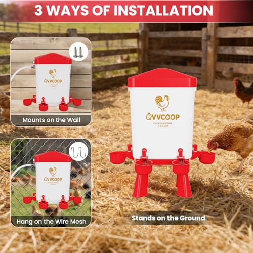 Automatic Chicken Waterer with Float Valve, Elevated Water Dispenser for Chicken, Float Controlled Poultry Watering Supplies, Standing/Hang Use, 3 Gallon, Red - color: Red