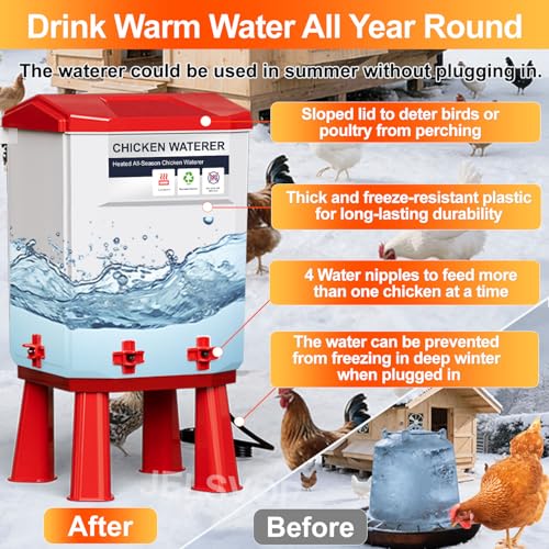 Heated Chicken Waterer, 11L Winter Chicken Water Heater Bucket with 4 Nipple Drinkers, Anti-Freezing, Winter and Summer Dual-use, Automatic Heated Poultry Drinker for Coop (Red) - size: 2.9 Gallon
