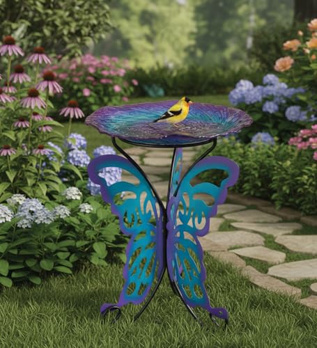 Regal Art & Gift Glass Bird Bath with Metal Stand, Outdoor Garden Decor | Butterfly, 18 in Bowl, 25 in Tall, Metal & Glass, Easy to Fill, Weather-Resistant Decor for Patio, Porch & Garden - color: Butterfly