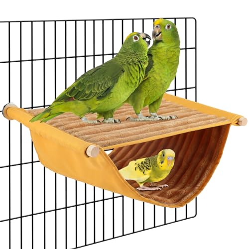 BWOGUE Bird Nest Bed Hanging Hammock, Parakeet Bed for Cage, Cockatiel Bed | Warm Fleece Snuggle Hut, Double-Layer Comfort, Wooden Perch Setup, Washable Hammock - color: Yellow, size: Large (13.56"x9.2")