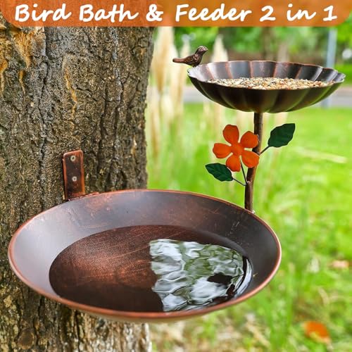 Tree Mounted Bird Bath, Wall Mount Bird Baths for Outdoors, Metal Birdbath and Feeder Combo, Antique Birdbaths Installed on Wooden Fences Trees Deck Outdoor Walls - color: Bronze2