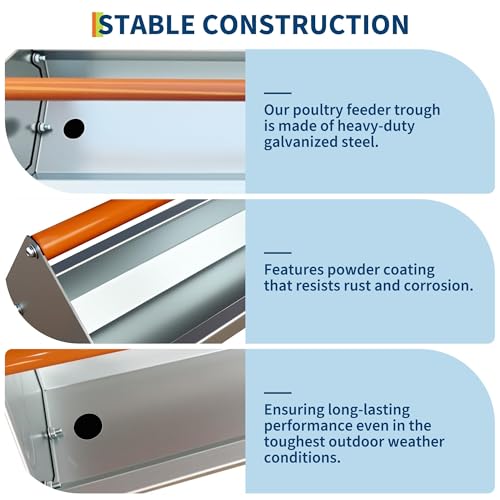 45" Chicken Trough Feeder, 5 Gallon Galvanized Steel Feed Trough with Drainage Holes & Red Crossbar | Heavy Duty, Rust-Proof Metal Duck Chicken Feeder Orange - color: Orange