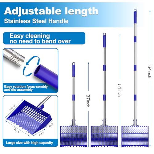 2-in-1 Chicken Poop Scooper & Rake 12-Inch Large Metal Shovel Head Adjustable Stainless Steel Handle (24 to 64") Litter Sifting Shovel Cleaning Tools for Chicken Run, Animal Farm (Blue) - color: Blue