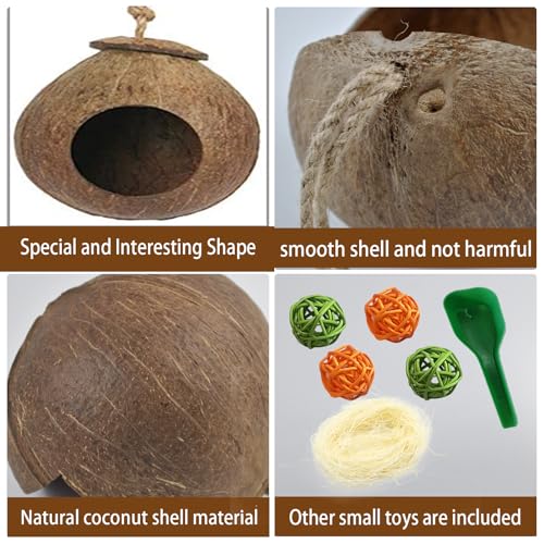 kathson Natural Coconut Shell Bird Nest,Hanging Coco Birds House,Parrots Hide Hut Habitats Decor,Parrot Cage Accessories for Lovebirds Cockatiel Canary Budgies,Feeder Spoon,4 Toy Balls(6 Pcs) - size: [M:9.8 x 5.1 x 5.1 lnches]