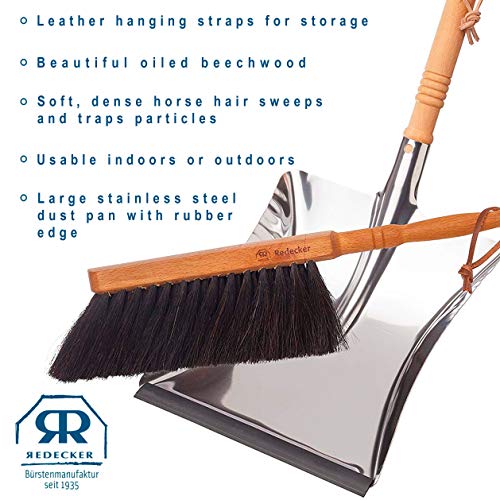 REDECKER Horsehair Fiber Hand Brush and Dust Pan Set - Wooden Broom and Dustpan Set for Home - Outdoor Dust Pan and Brush - Oiled Beechwood Handles - Large Capacity Stainless Steel Dust Pan