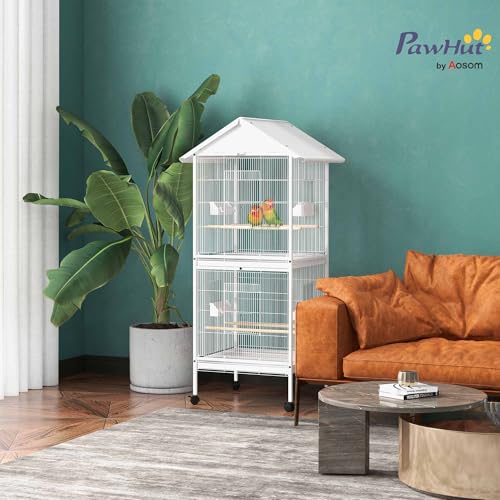 PawHut Wrought Metal Bird Cage Feeder with Rolling Stand Doors 67" H White | Perches, Food Containers, Wheels