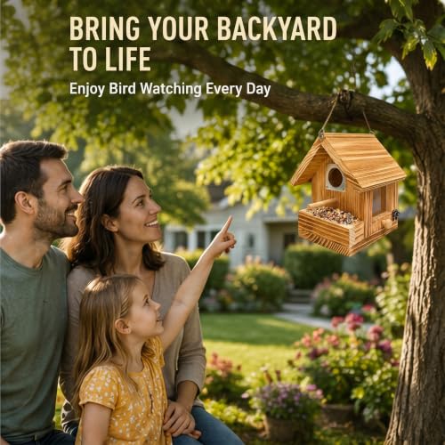 2-in-1 Wooden Bird House for Outside with Feeder, Hanging Birdhouse, Clear Window & EasyClean Door, Carbonized Solid Wood Birdhouse with Metal Guard, for Wrens Bluebirds Hummingbirds, No Assembly