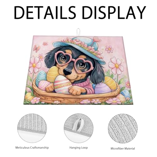 Easter Floral Dish Drying Mats for Kitchen, Cute Dog with Eggs Absorbent Dish Rack Mat, Spring Fanciful Microfiber Drying Pad for Counter Protector 16x18 Inch - size: 18" x 16"