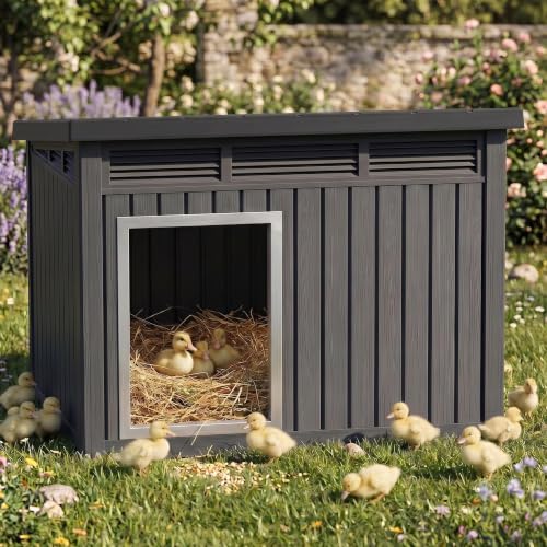 Chicken Coop with Hydraulic Air Rod, Resin Duck Coop with Elevated Floor and Air Vents, Duck House, Backyard Poultry Pet Shelter with Weatherproof Openable Roof, for Chicken, Ducks, Black - color: Black, size: 32.2"L x 25.1"W x 24.1"H