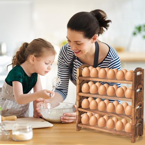 4-Tier Wooden Egg Holder Countertop, Egg Holder for Fresh Eggs, Farmhouse Kitchen Egg Tray Rack Holds 48, Firewood Stackable Egg Storage Basket with Carry Handle for Kitchen Refrigerator Counter