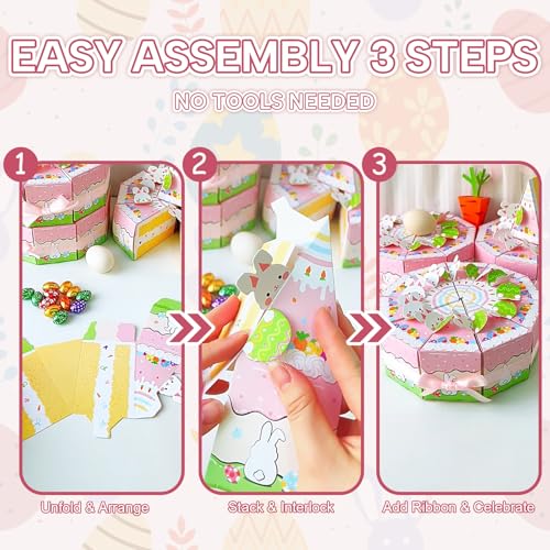 10 Piece Cake-Style Easter Box Set, Candy Chocolate Dessert Containers with 3D Bunny & Egg Decor + Pink Ribbon Perfect Easter Treat Boxes & Party Favor Containers for Baby Shower, Birthday Party