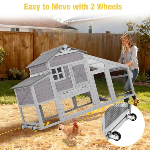 Large Chicken Coop with Wheels for 2-4 Chickens, Reinforced Solid Wood Construction Mobile Chicken House, Waterproof Asphalt Roof,Nesting Box,Ducks (Grey, 73.4" L x 24.2" W x 43.2" H) - color: Grey, size: 73.4"L x 24.2"W x 43.2"H