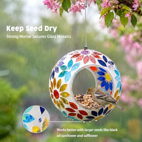 VCUTEKA Bird Feeders Fly Through Mosaic Hanging Birdfeeder for Garden Decor | 7 inch Mosaic Glass Bird Feeeder for Outdoors, Round Shape Glass Container to Attract Wild Birds for Backyard Porch Decor - color: Yellow