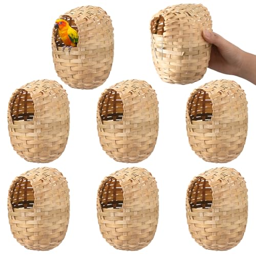 Sliner 8 Pcs Bamboo Bird Nest, Hand Woven Finch Nest for Cages, Natural Small Bird House Shelter Hideout Cage with Metal Hook, Hanging Hut Nesting Box Garden Yard Home Decor for Outdoor(5.9 Inch) - size: 5.9 Inch