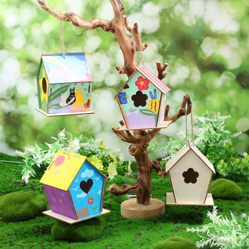 DoubleFill 36 Pcs 4. 33" DIY Wooden Birdhouses Craft for Kids Unfinished Wooden Birdhouse Kits Wood Painting Kit to Build and Paint Unpainted Birdhouses for Children VBS Crafts