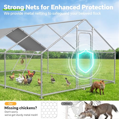 13.1 x 19.7 x 6.4 FT Metal Chicken Coop, Chicken Run with Cover | Walk-in Metal Chicken Coop, Waterproof Cover, Side Hardware Cloth, Roosting Perch, reinforced frame, Backyard & Farm Use - size: 20x13Ft