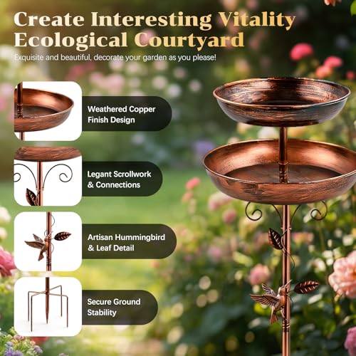 Metal Bird Bath for Outside, 47'' Adjustable Standing Bird Feeder for Outdoors, 2 in 1 Metal Birdbaths & Birdfeeder, Vintage Bird Bath Feeder Bowl, Bird Baths Water Bowl with Stable 5-Pronged Base