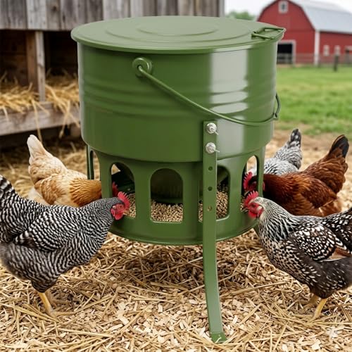 Metal Chicken Feeder No Waste - 20LB Large Chicken Feeder with 12 Ports & 4 Adjustable Heights Tripod Stand, Automatic Hanging Poultry Feeder, Rainproof for Backyard Chickens & Small Flocks