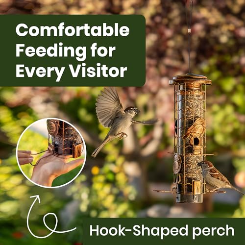 Squirrel-Proof Bird Feeders for Outdoors Feeds Mealworms and Seeds - Large | 3-Pound Capacity, Weather-Resistant Hanging Tube for Birds Includes Seed Scoop, 4 Hook-Shaped Perches, Anti-Squirrel Weights