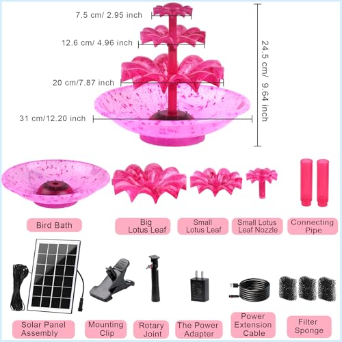 Yeomi Red 3-Tier Solar Fountain Pump with LED Lights, 24H Outdoor Water Feature, Detachable Design, Multi-Function Bird Bath Fountain for Garden Patio Yard Backyard Pond, 3.5W - color: Red