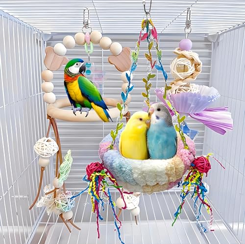 Bird Nest for Cage Bird Breeding Bed Cockatiel Snuggle Nest Parakeet Swing Bed Bird Hanging Hammock Parrot Sleeping Hut for Conure, Budgie, Lovebird, Finch, Small Pets-Pink, Large Size - color: Pink with Decoration