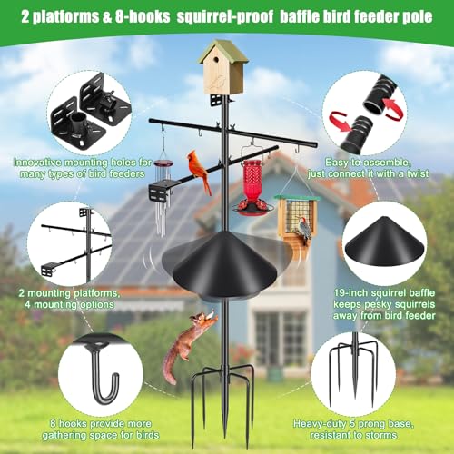 Gtongoko Squirrel Proof Smart Bird Feeder Pole for Outdoors 107 Inch 1 Inch Diameter Bluebird House Pole with 2 Platform and 8 Hooks for Bird Feeder with Camera Adjustable Heavy Duty Mounting Pole - color: 107 Inch with Baffle