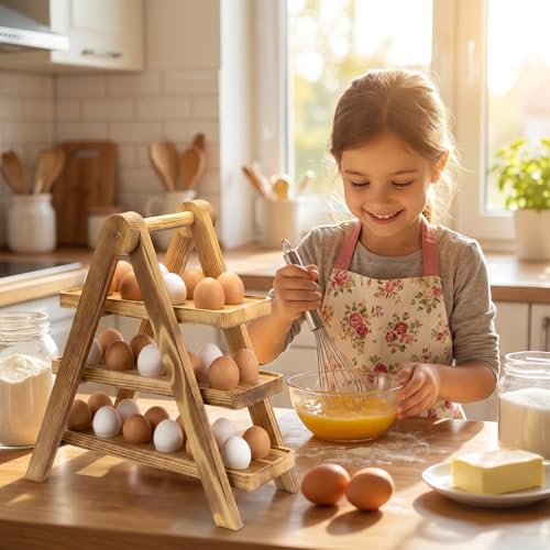 Wooden Egg Holder Countertop, 3 Tier A-Frame Fresh Egg Storage, 30 Hole Pull out Eggs Racks Basket, Egg Storage Organizer for Farmhouse Kitchen Counter, Kitchen Chicken Coop, Easy Storage