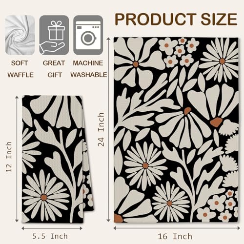 Abstract Boho Beige and Black Floral Kitchen Towels, Groovy 70s Retro Botanical Dish Towels Drying Cloth for Kitchen, Mid Century Modern Flower Hand Towels for Bathroom, 16x24 Inch Set of 2 - color: Black Beige