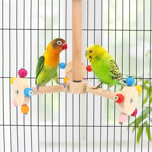 Hypeety 360° Rotating Bird Perch Stand Toy Natural Wood Interactive Exercise Wheel Parrot Perch Toys Bird Rotating Perch for Parrot Parakeets Budgies Lovebirds Finch Conures (3 Stands)