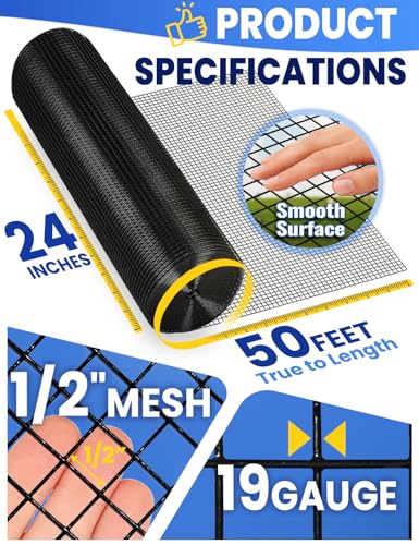 Black PVC Vinyl Coated Wire Mesh Hardware Cloth 1/2 in 24”x50’ 19 Gauge, Welded Wire Fencing Chicken Wire Mesh Roll Cage Wire Netting - size: 1/2" 24" x 50'