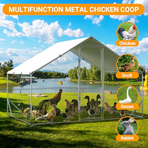 Large Metal Outdoor Chicken Coop – Spacious Run Poultry Cage with Waterproof & Anti-UV Cover – Multifunctional for Chickens, Ducks, Geese, Rabbits 9.8' x 6.5' x 6.5'
