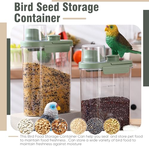 2 Pcs Bird Seed Storage Container 3 Qt/2.8 L with Tight Lids Airtight Cup Pet Food Storage Measuring Containers Lids with Pouring Spouts for Macaws African Grey Cockatoos (Green) - color: Green