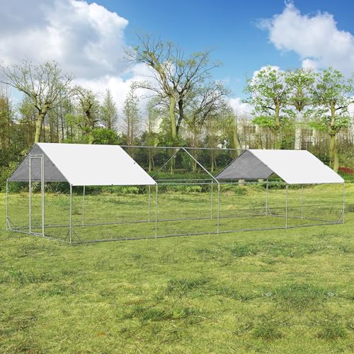 Large Metal Chicken Coop Round Top Upgrade Tri-Supporting Wire Mesh Chicken Run,Chicken Pen with Water-Resident and Anti-UV Cover,Duck Rabbit House Outdoor (Spire Roof 10’ W x 26.2’ L x 6.5’ H)