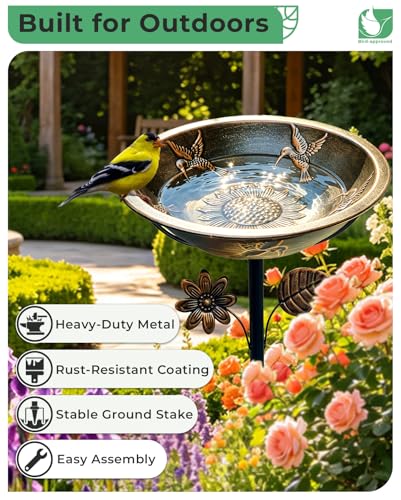 Metal Bird Bath for Outside Hummingbird Embossed Bowl with Stake | 13" W 3" Deep Birdbath Bowl, Adjustable Height, Removable Easy to Clean, 5-Prong Stake, Rust Resistant, Garden Decor