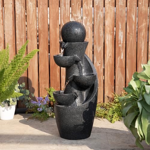 Glitzhome Outdoor Water Fountain with LED Light & Pump, Modern 5-Tier Bowl and Sphere Polyresin Outdoor Fountain, 33.5" Cascading Waterfall Fountain Water Feature for Porch Deck Patio Backyard Decor - color: 5-tier Bowls