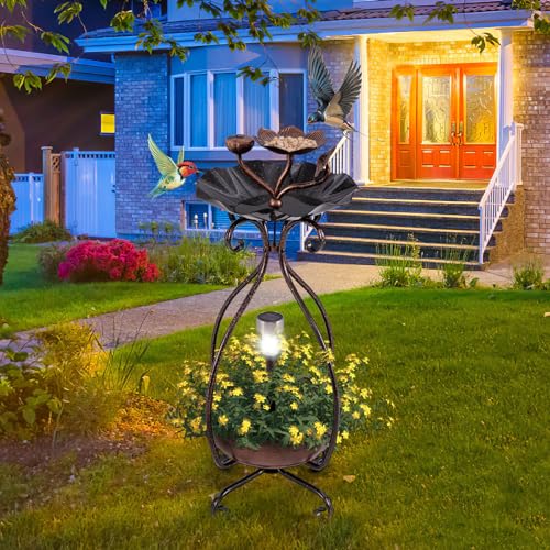 Giantex Bird Bath with Planter - Solar Lighted Bird Bath for Outside with Bird Feeder, Lotus Water Bowl for Bathing, Flower Planter with Drainage Holes, Standing Birdbath for Garden Yard (Bronze) - color: Bronze