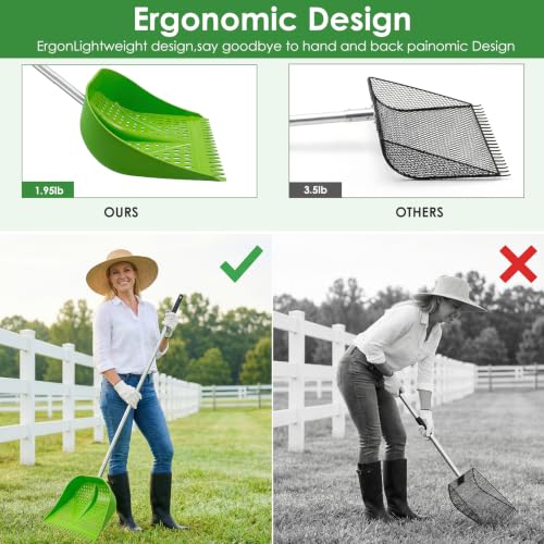 Thiswing Chicken Poop Scooper & Rake 2-in-1, Green | Adjustable Handle Length, Features Manure Sifting Capability, Ideal for Chicken Coops and Farm Animal Cleaning