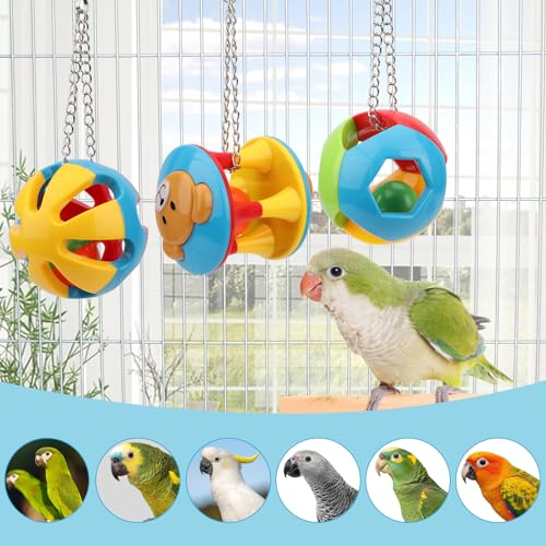 Hypeety Parrot Colorful Ball Toys with Bell Cage Hanging Chewing Ball Toy | With jingle bell inside, durable, chewproof plastic, easy-hanging, for parakeet/conure/cockatiel/small medium birds, 3 balls - color: A+B+C