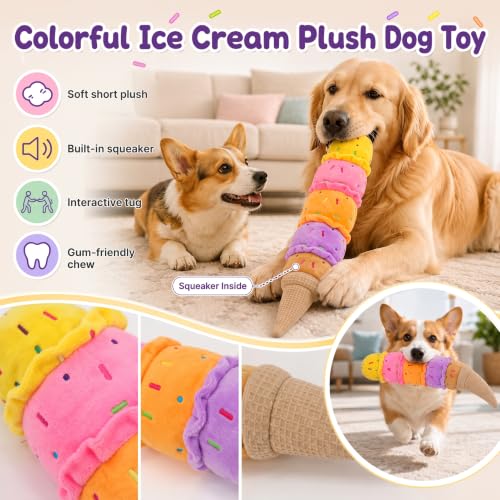 Squeaky Dog Plush Chew Toy, Interactive Tug Squeaky Toy for Chewers, Medium & Large Dogs & Fetch Play, 17.7 in Stuffed Rainbow Ice Cream Toy with Soft Short Plush for Gentle Gum Care & Boredom Relief - color: Colorful (Ice Cream)