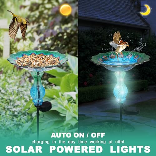 Blue Peacock Ground Stake Solar Bird Feeder for Outside,Bird Pond Outdoor Glass BirdBath with Metal Stake Garden Yard Outdoor, Garden Decoration Yard 32 inches